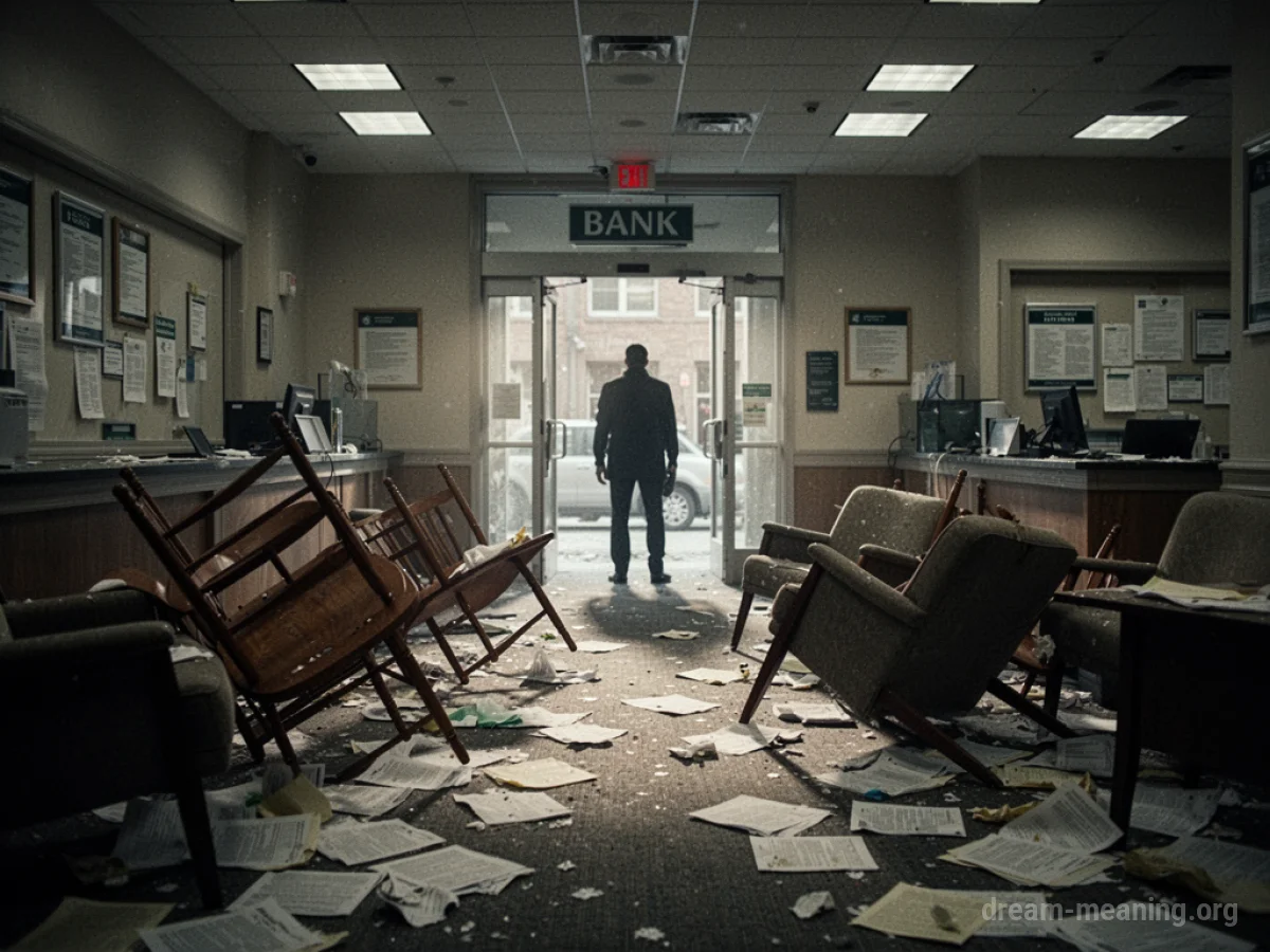Interior of a bank with overturned chairs and scattered documents.