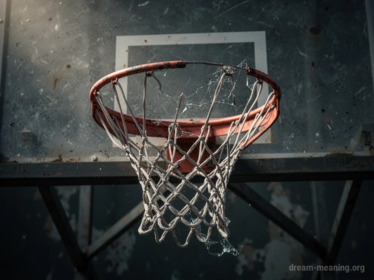 A basketball hoop with a visibly broken net and rim.