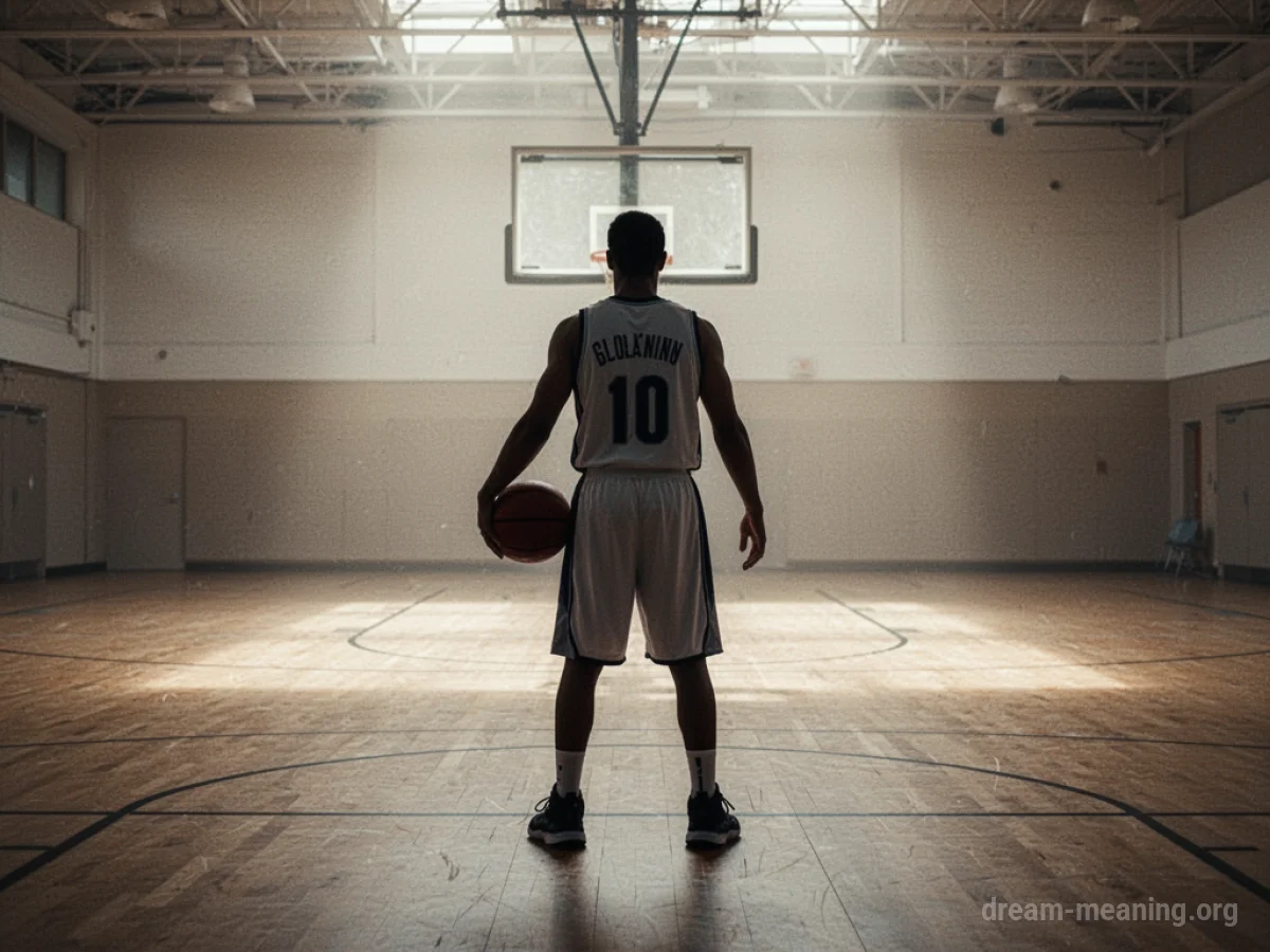 Silhouette of a basketball player on an empty court.