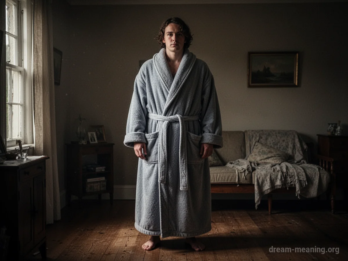 A person dwarfed by an extremely large bathrobe.