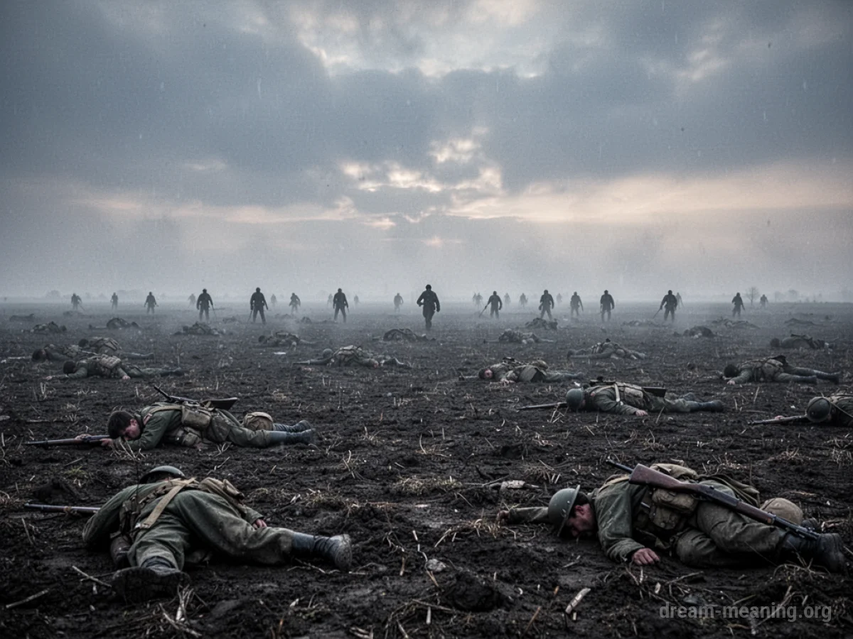 A wide, desolate battlefield with faint figures in the distance under a cloudy sky.
