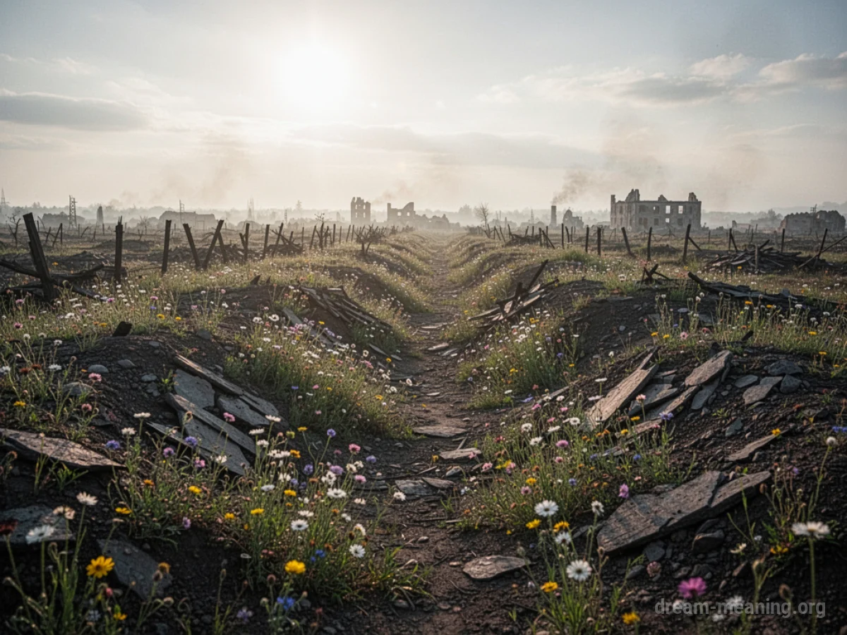 An empty battlefield with green grass and wildflowers under bright sunlight.