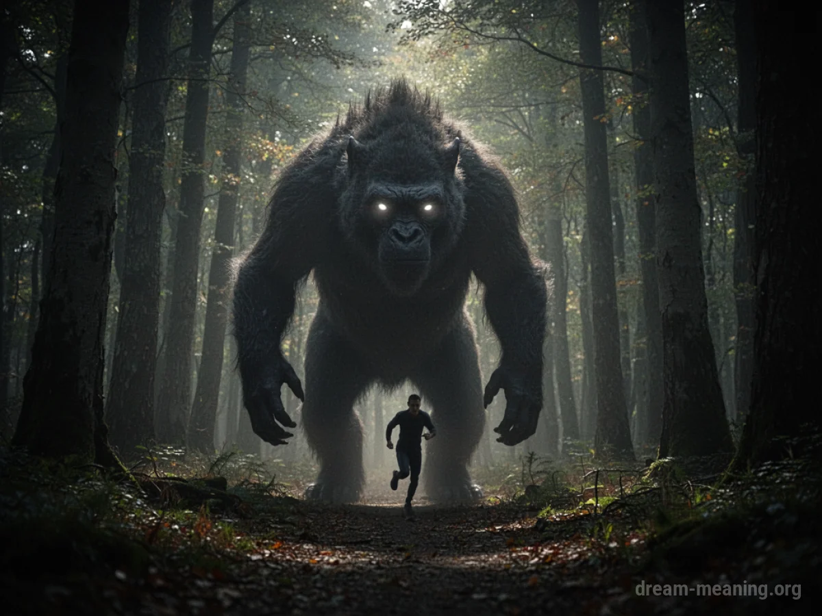 A shadowy large creature with glowing eyes in a dark forest, with a person's silhouette running away.