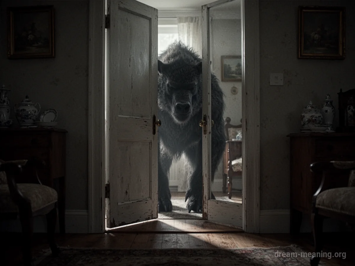 A shadowy silhouette of a large creature standing in the entrance of a house.
