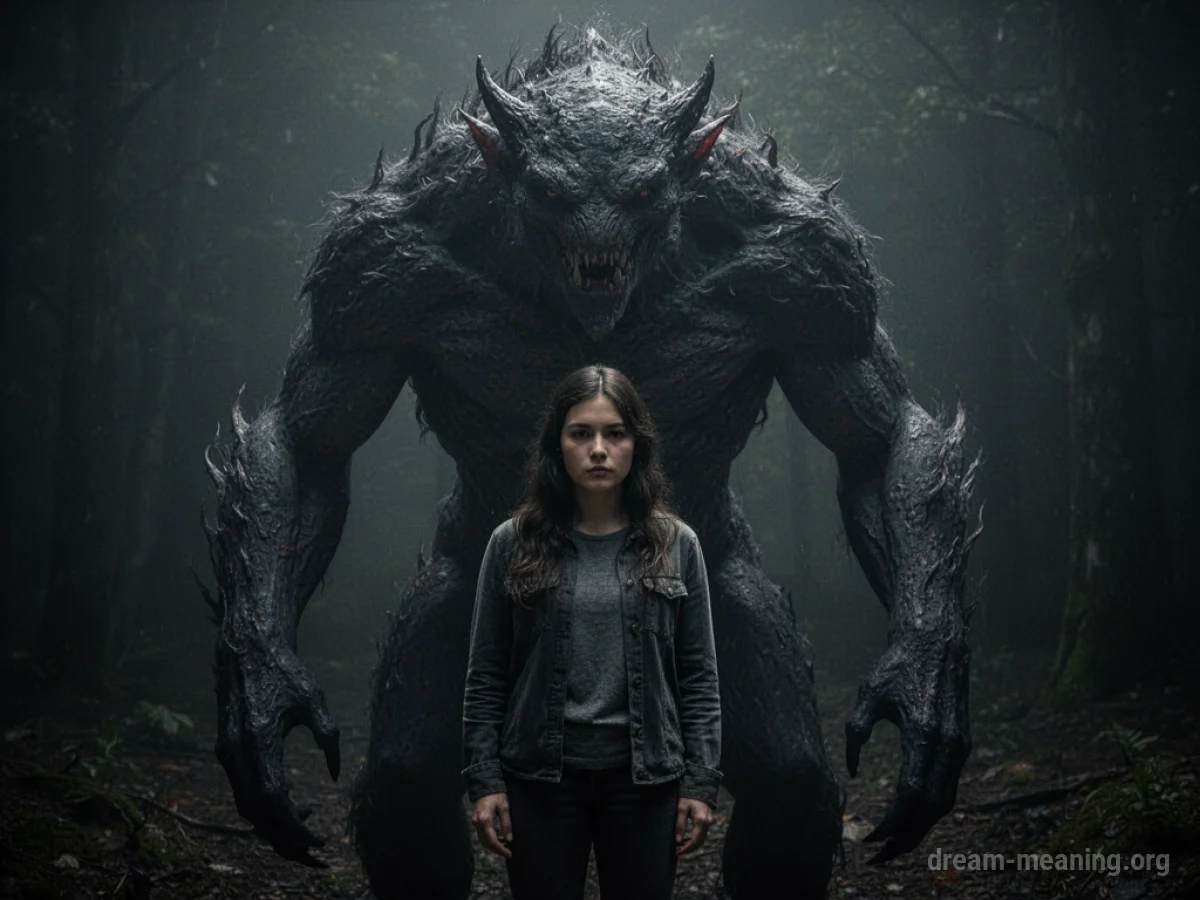 A silhouette of a large creature shielding a person from behind.