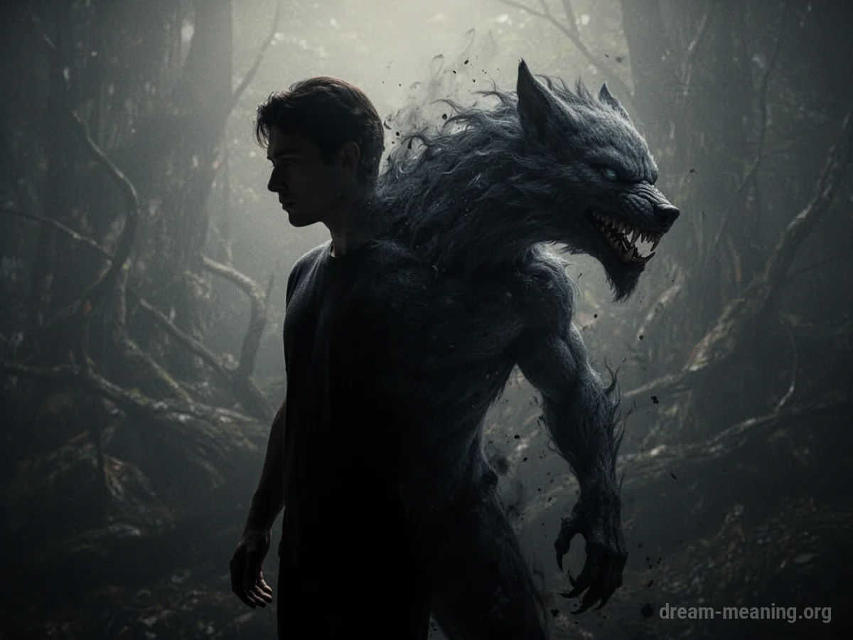 Silhouette of a person merging with a shadowy beast form.