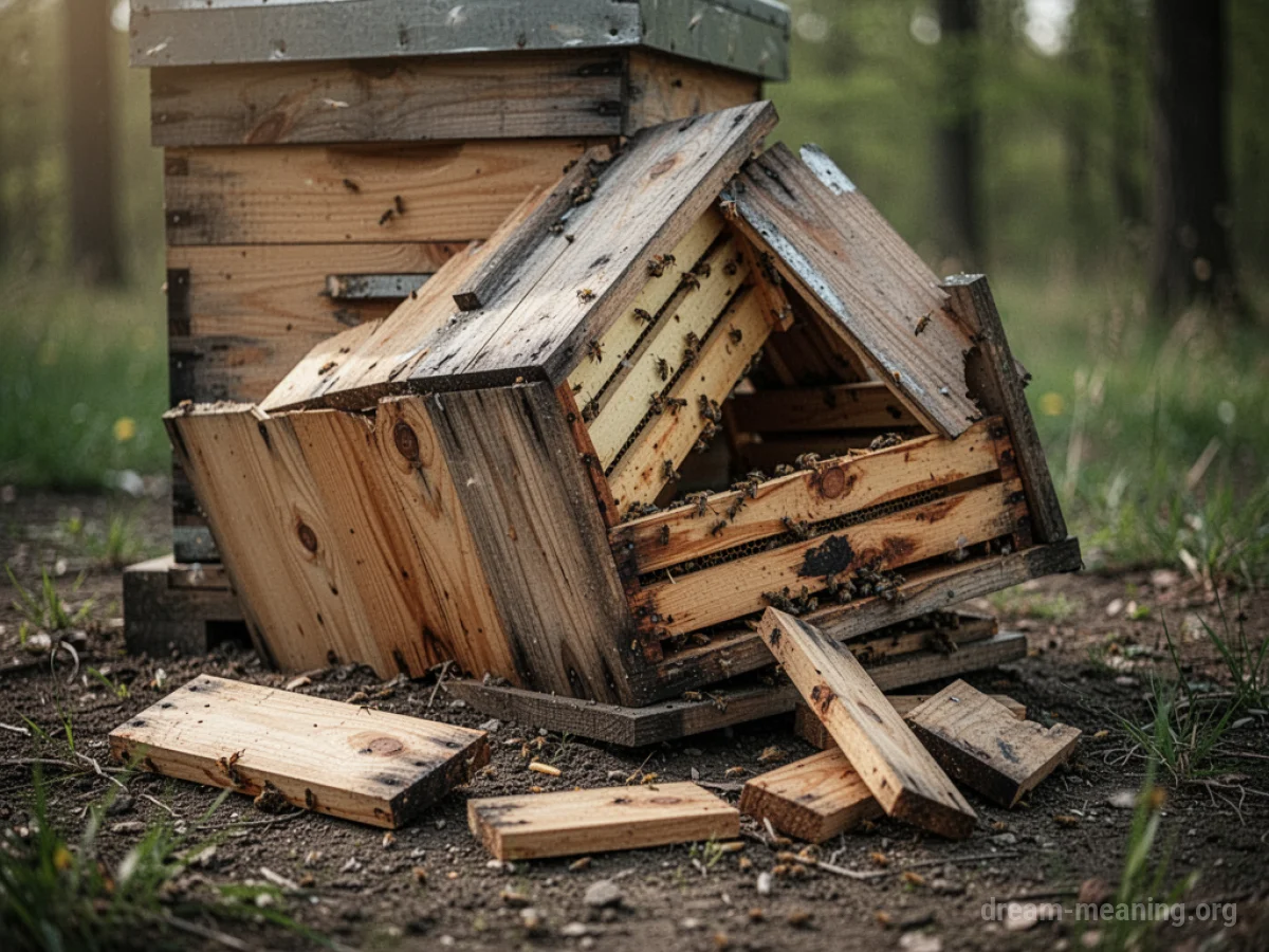 A broken wooden beehive structure on the ground.