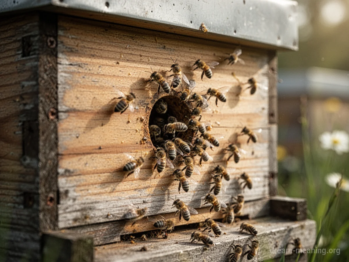 A wooden beehive with numerous bees flying around its entrance.