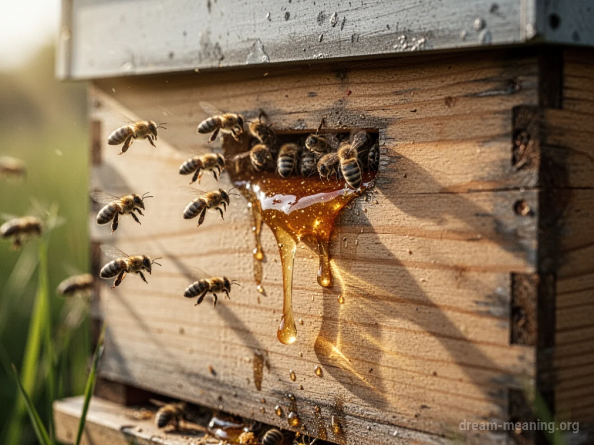 A wooden beehive with bees and dripping honey.