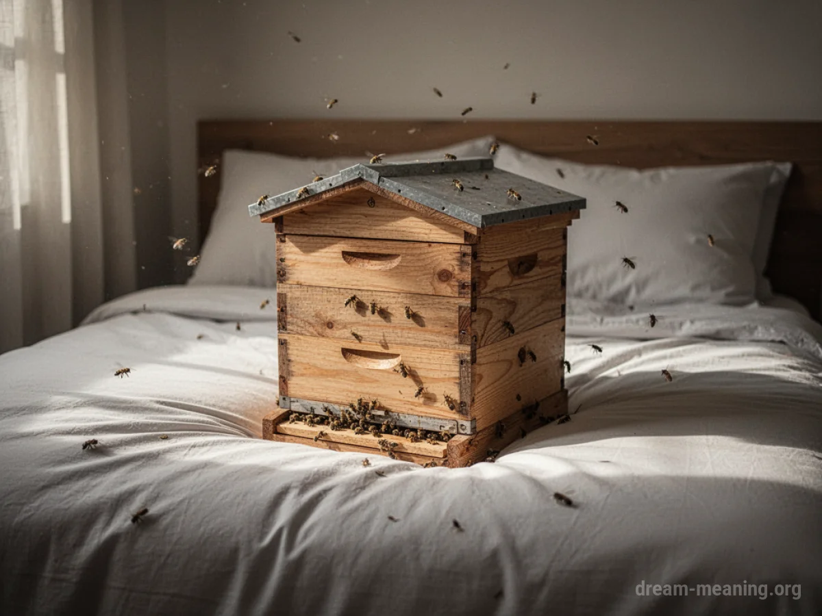 A wooden beehive resting on a white duvet in a bedroom.