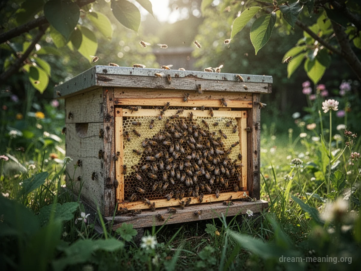A beehive situated among vibrant plants and flowers in a garden setting.