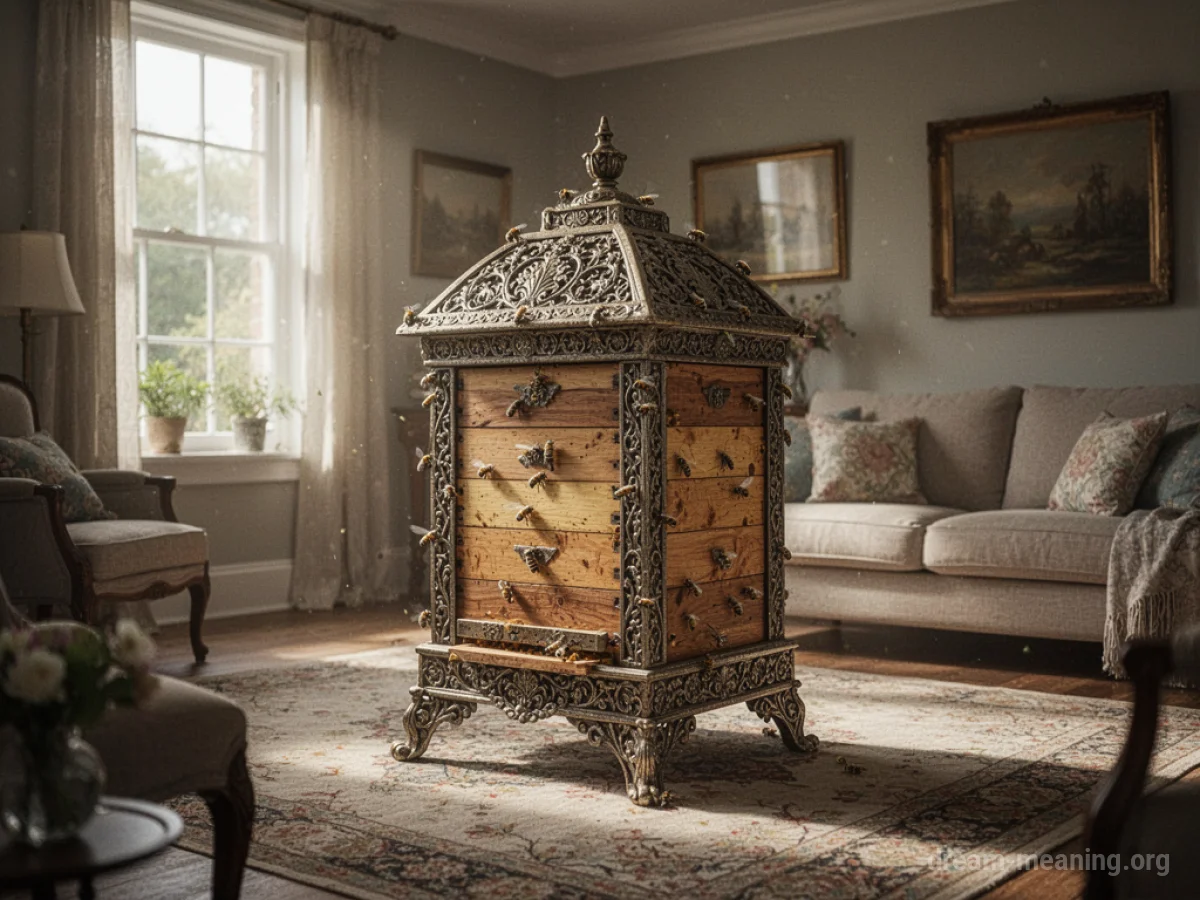 A beehive placed inside a domestic living room.