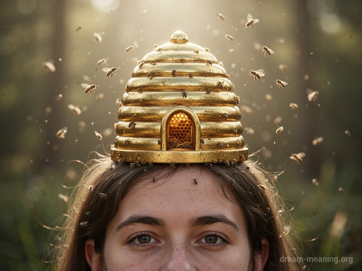 A golden beehive sits on top of a person's head.
