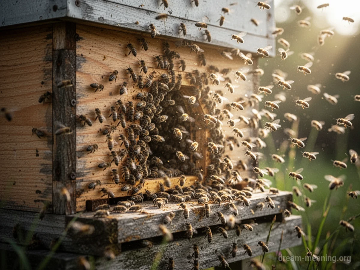 A wooden beehive with a dense swarm of bees flying around the entrance.