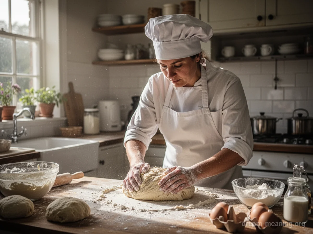A person in a baker's hat and apron kneading dough.