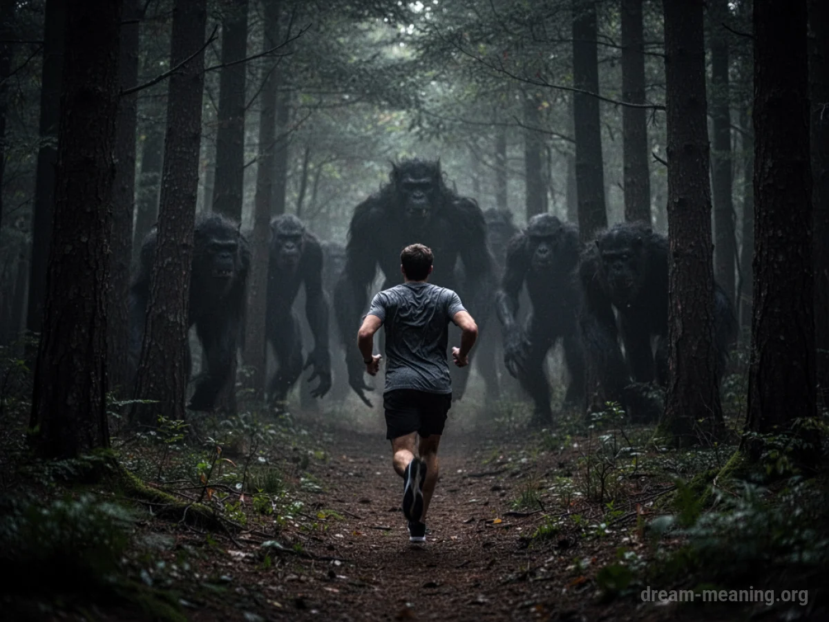 Silhouette of a person running through a dark forest with shadowy figures behind them.