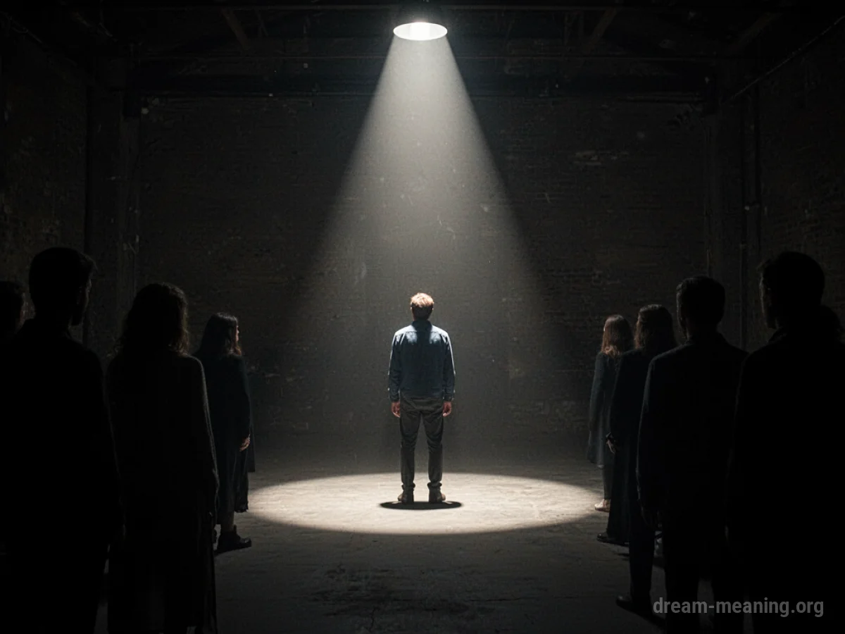 A person standing in a spotlight while shadows loom in the background.