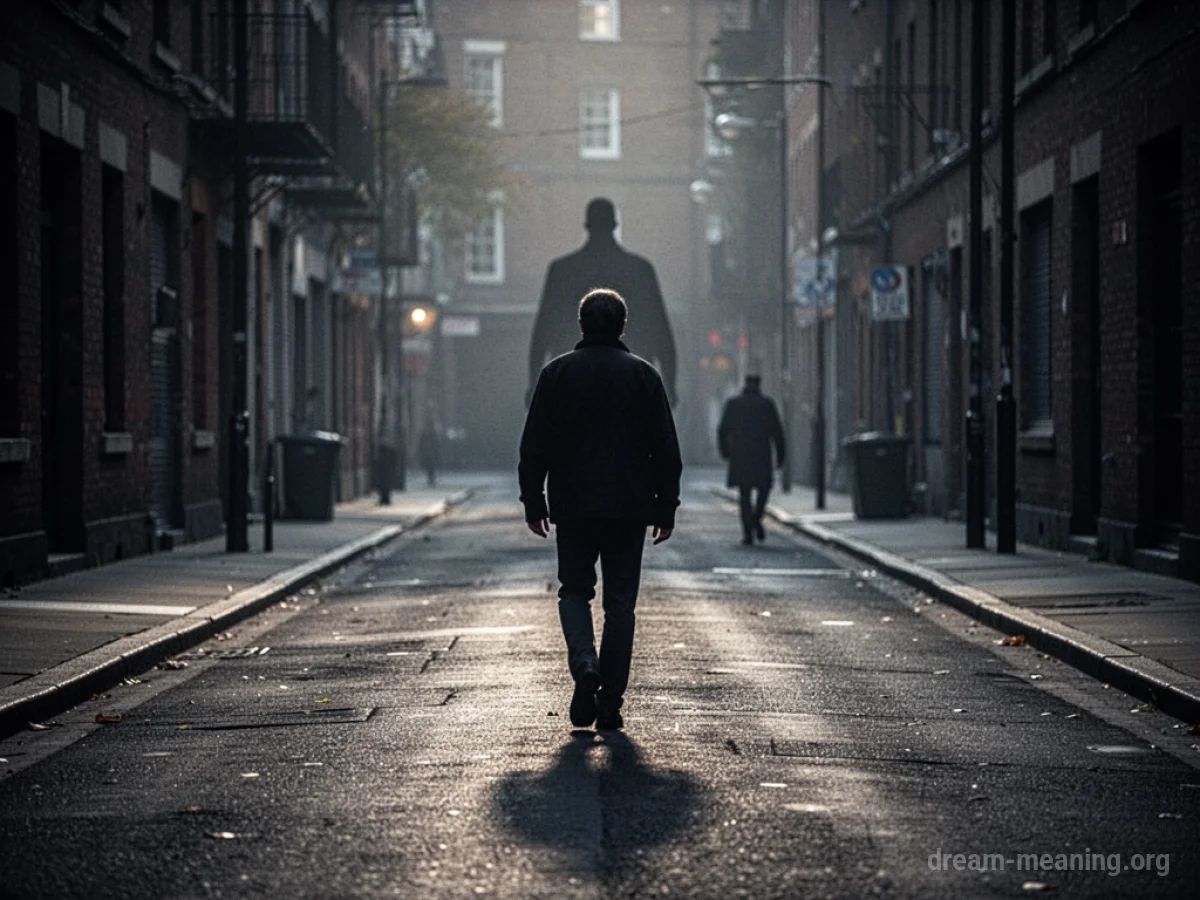 A silhouette of a person walking away from a distant, shadowy figure on an empty street.