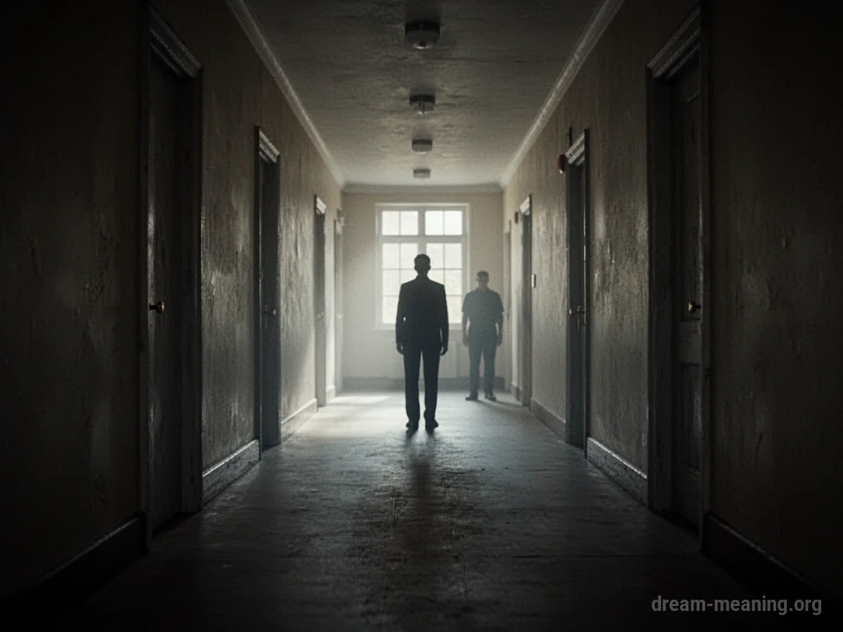 A shadowy figure stands at the far end of a dark hallway with another shadow behind it.