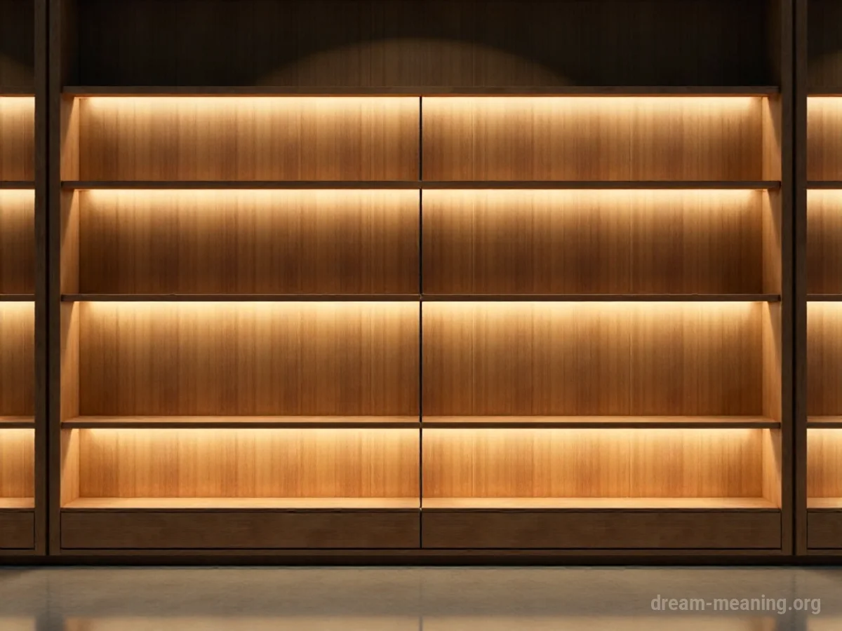 An empty shelf with a single open suitcase.