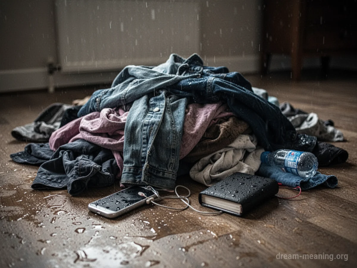 Damp personal belongings scattered on a floor.