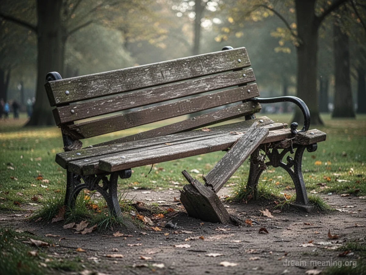 A tilted wooden bench with a broken leg.