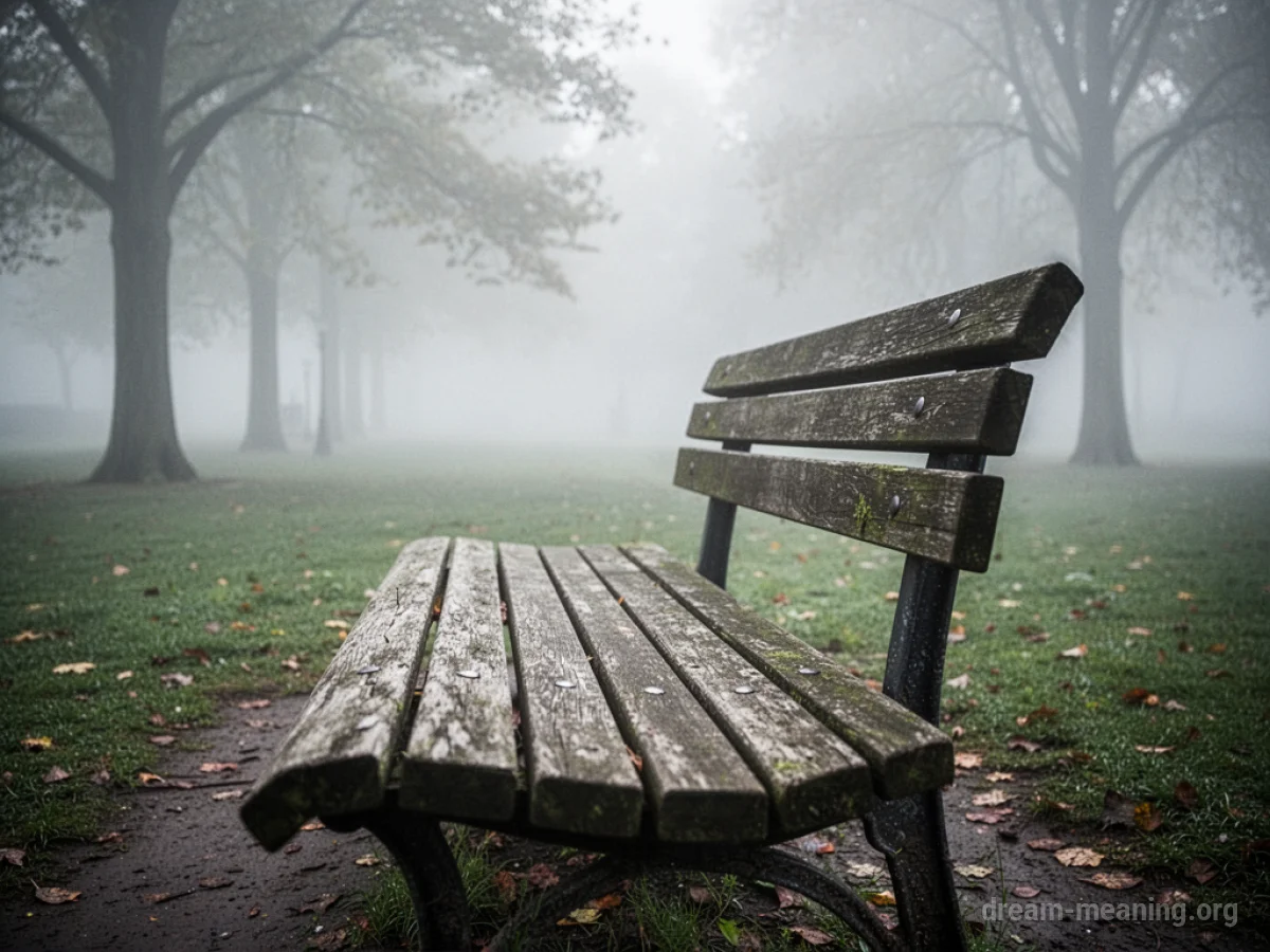 A park bench with its edges fading into a misty background.