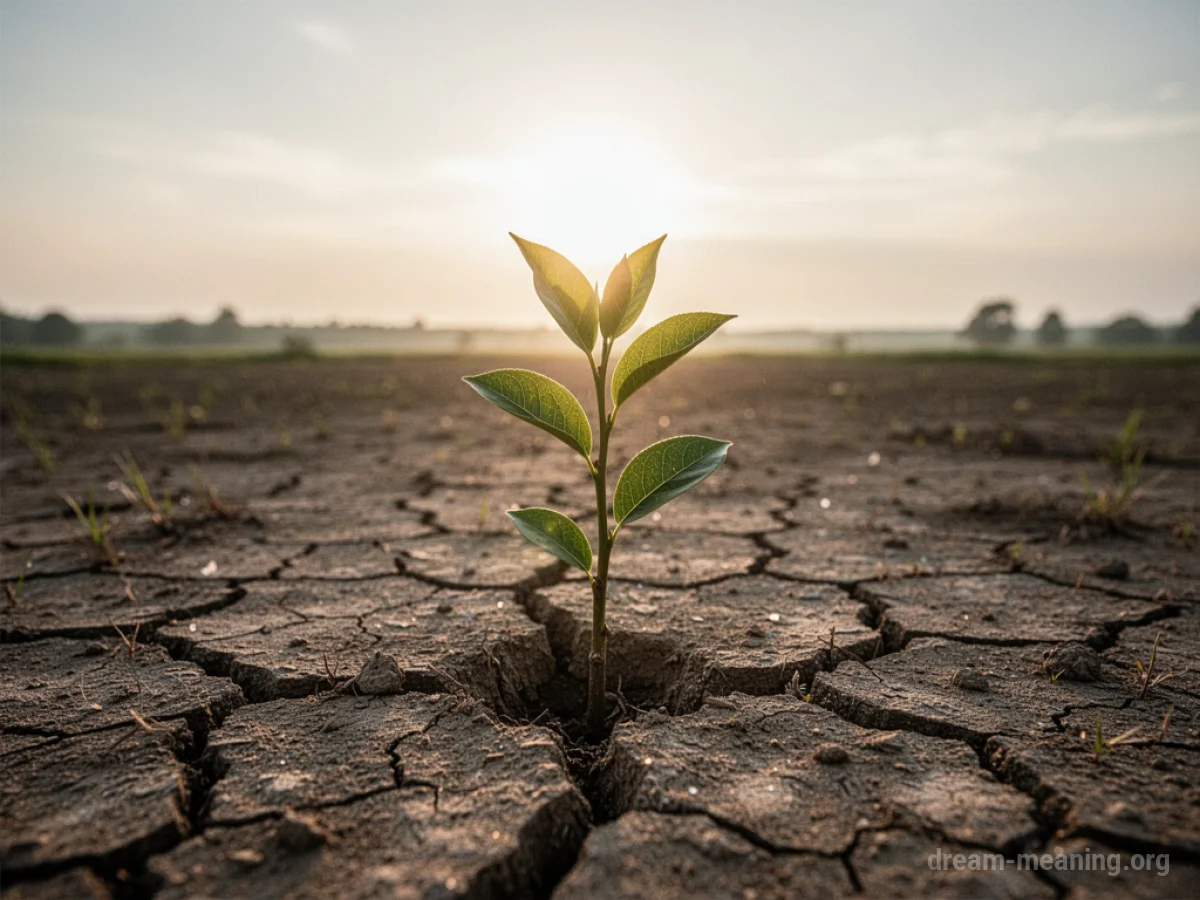 A small green plant growing from dry, cracked ground.