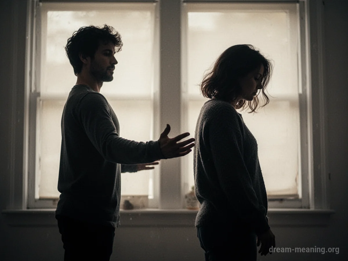 Two silhouetted figures, one turning away from the other.