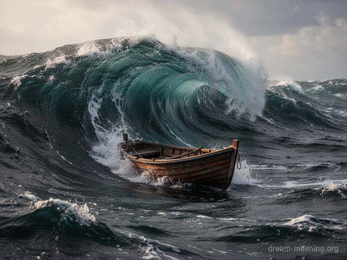 A large wave crashing over a small boat.