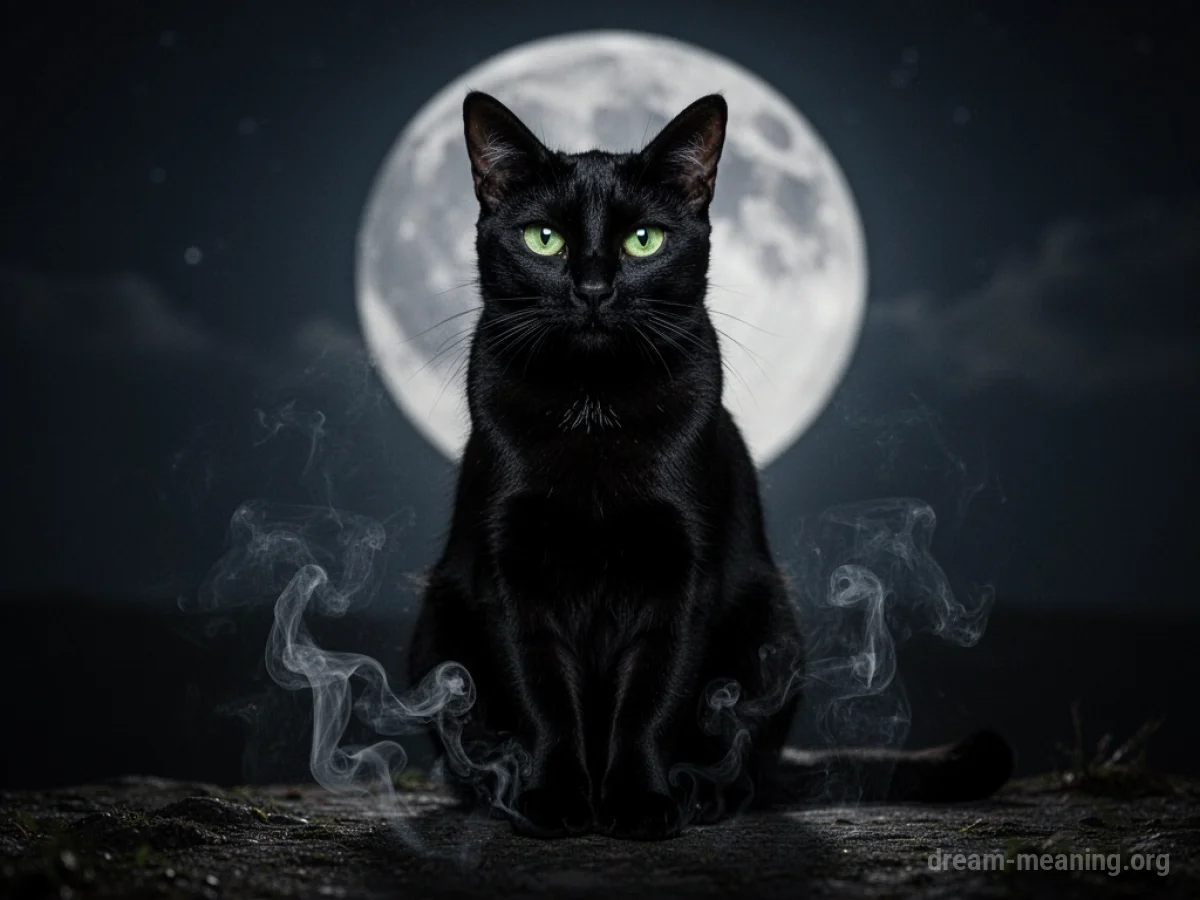 A black cat with bright green eyes sits in darkness.