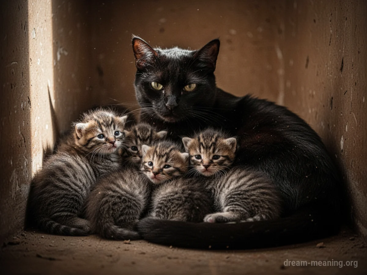 A black cat with three small kittens lying close to her.