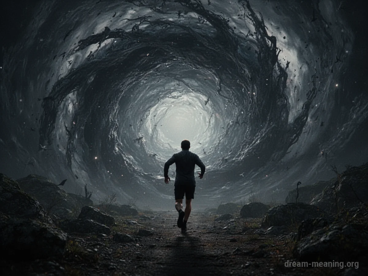 Silhouette of a person running away from a large, dark, swirling vortex.