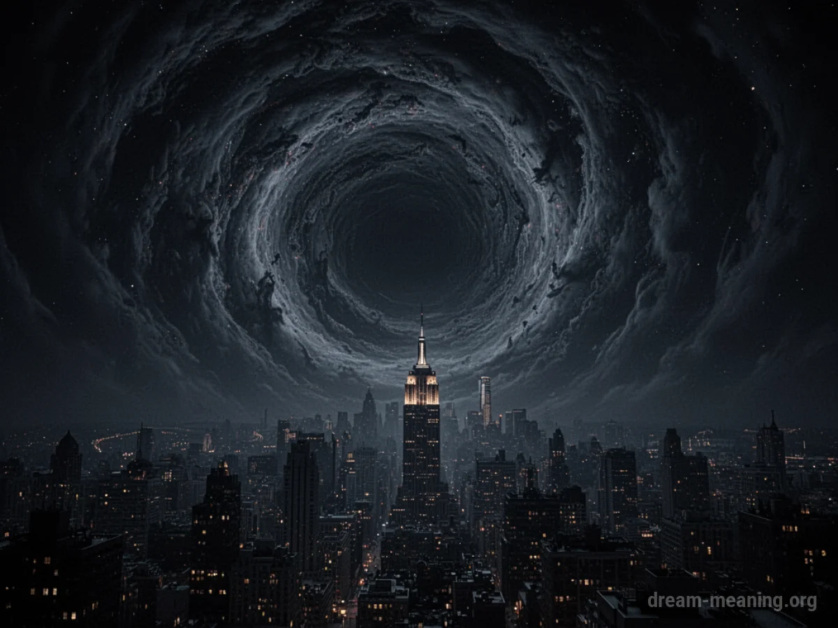 A city silhouette against a large, dark, spiraling vortex in the sky.