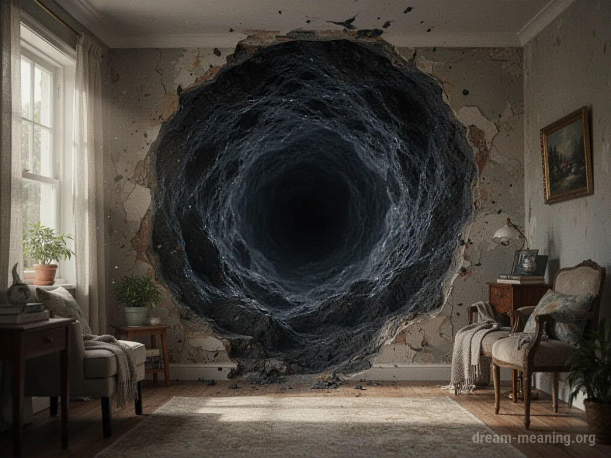 A dark vortex consuming a section of a living room.