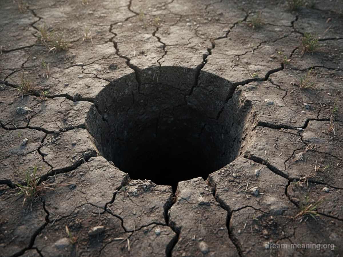 A dark circular void in cracked earth.