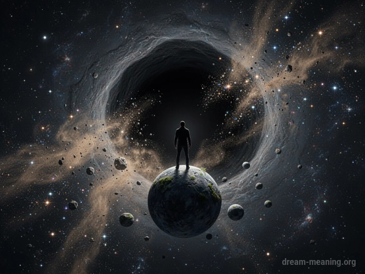 A dark vortex in space pulling in surrounding cosmic matter.