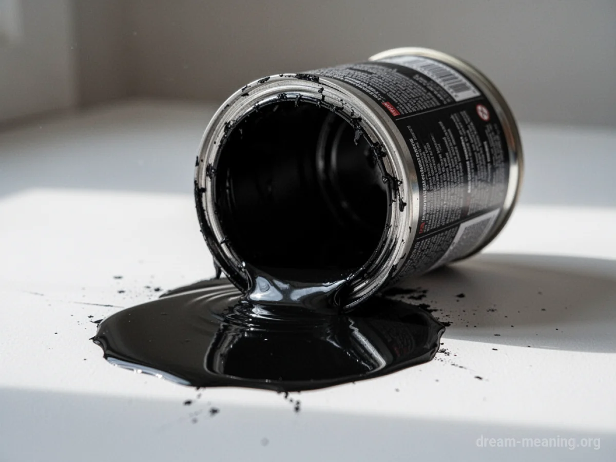 A can of black paint spilling onto a white surface.