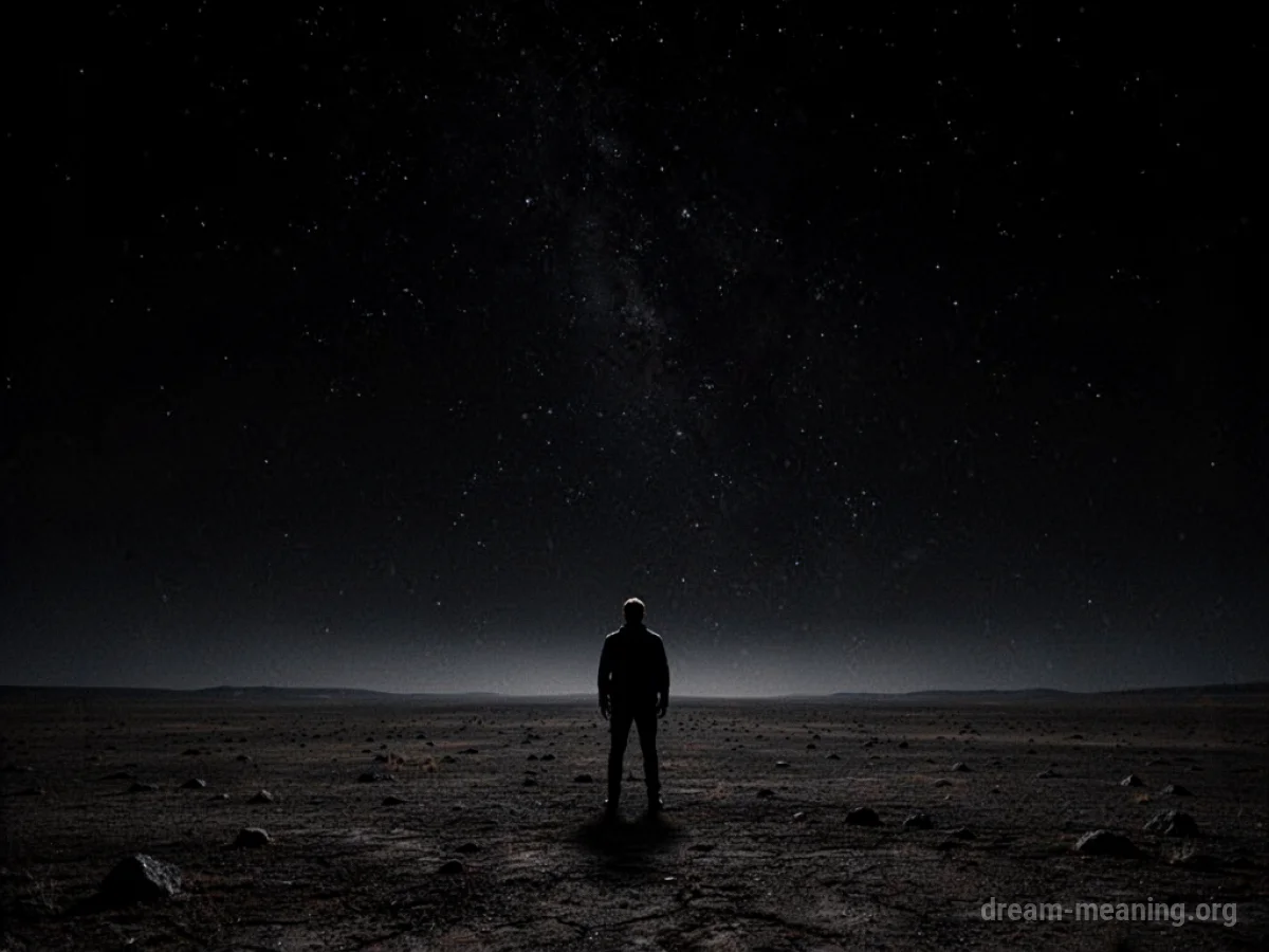 A person stands alone under a completely black sky.