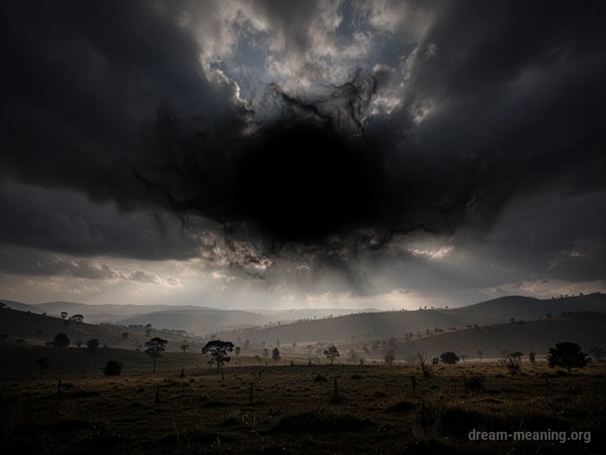 A dark sky obscuring a black sun over a silhouetted landscape.