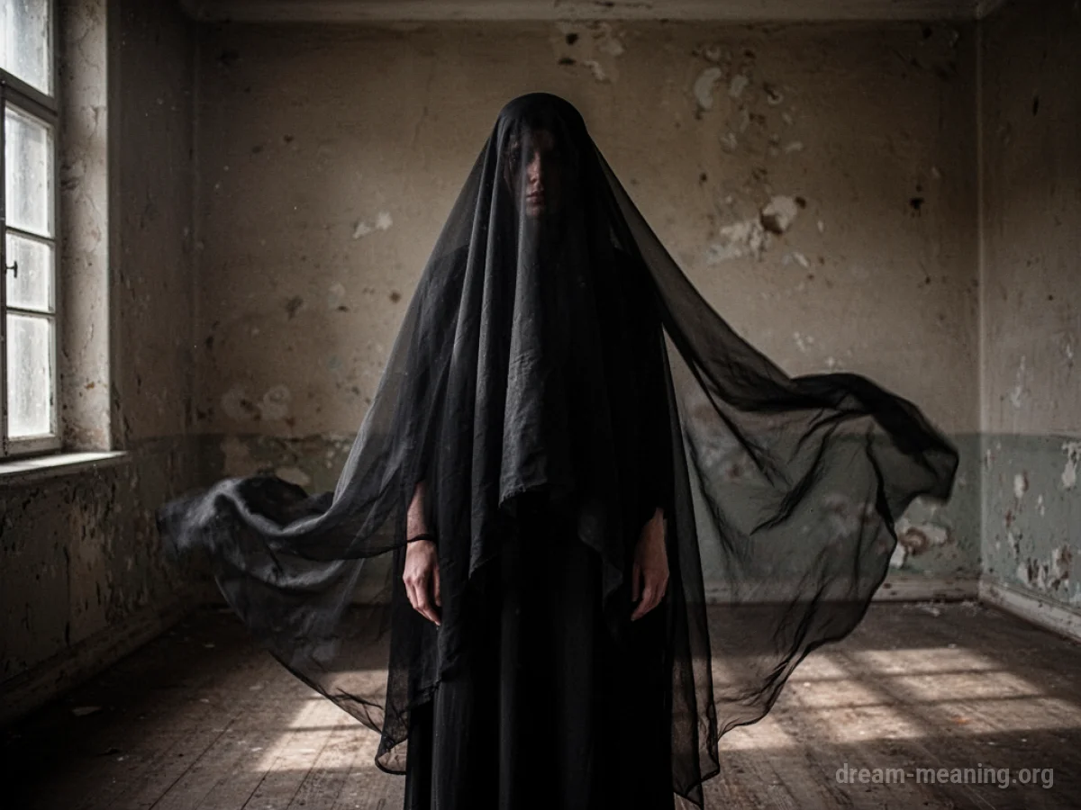 A person wearing a black veil in a dark room.