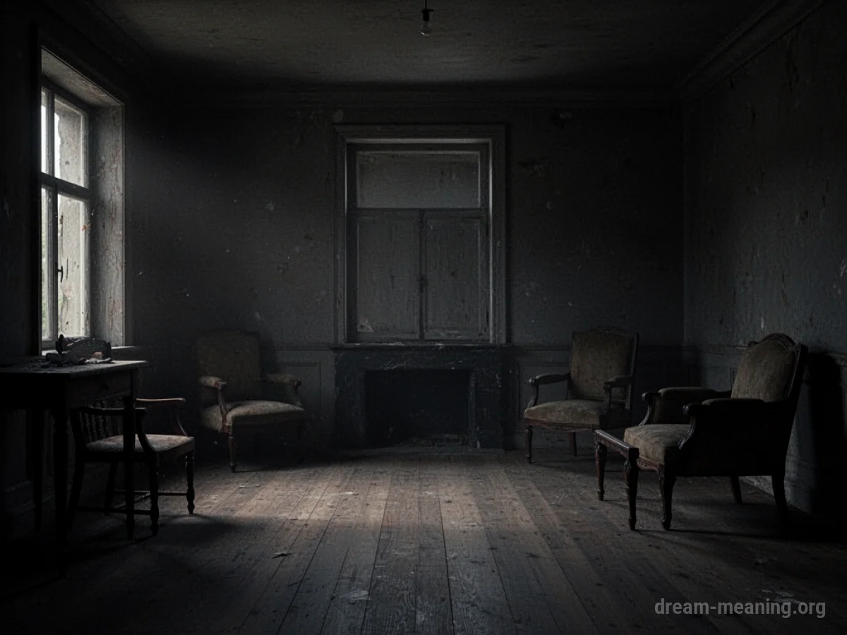 A dimly lit room with indistinct shapes.