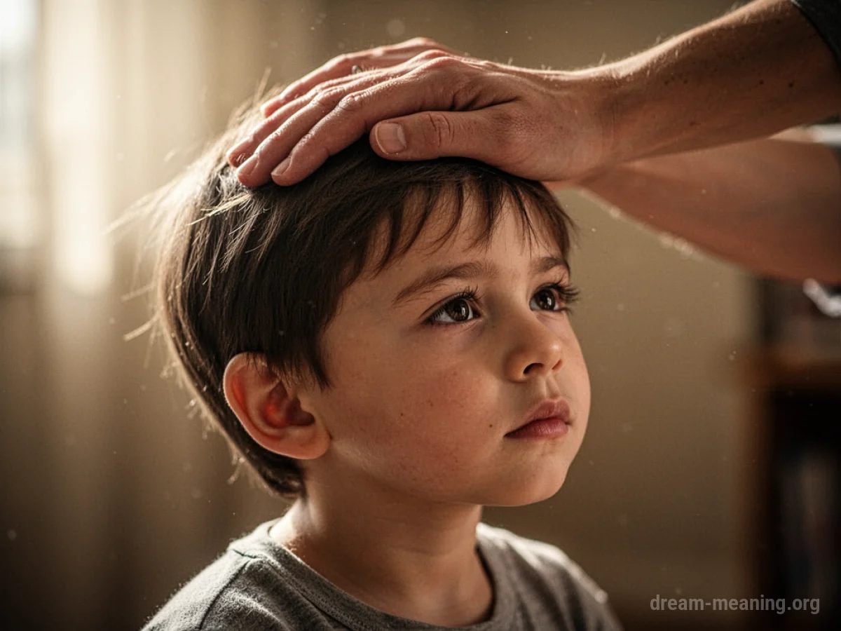 A close-up view of an adult's hand gently placed on a child's head.