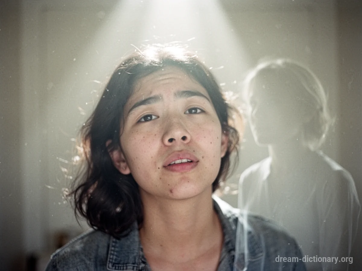 A translucent figure bestowing light upon a living person.