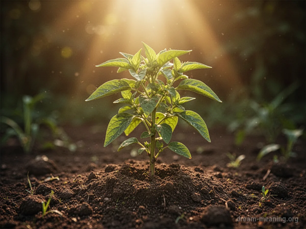 A single green plant growing from rich soil, bathed in golden light.