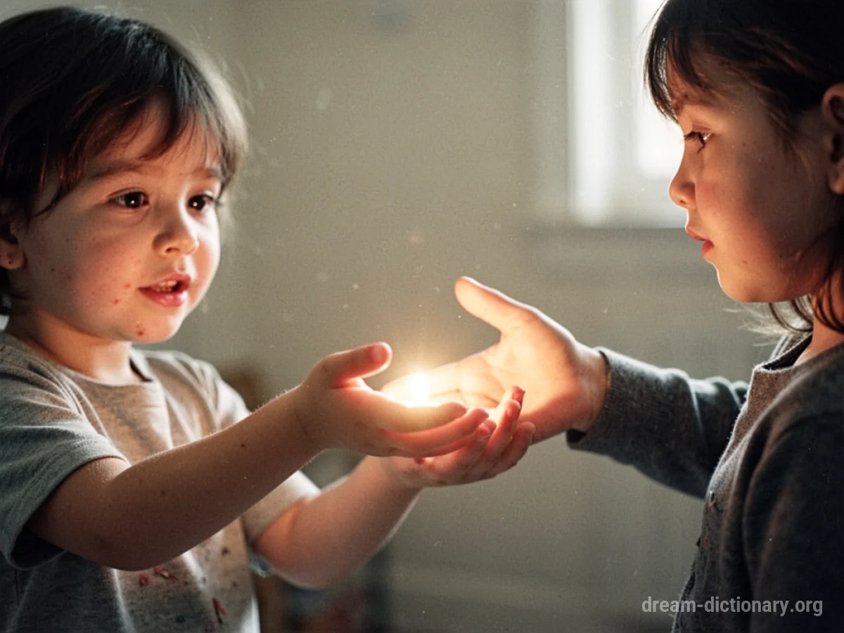A child's hand glowing softly, reaching out towards another.