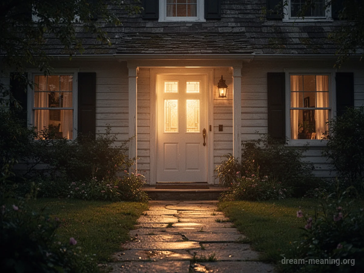 A doorway of a house illuminated by a soft, warm light.
