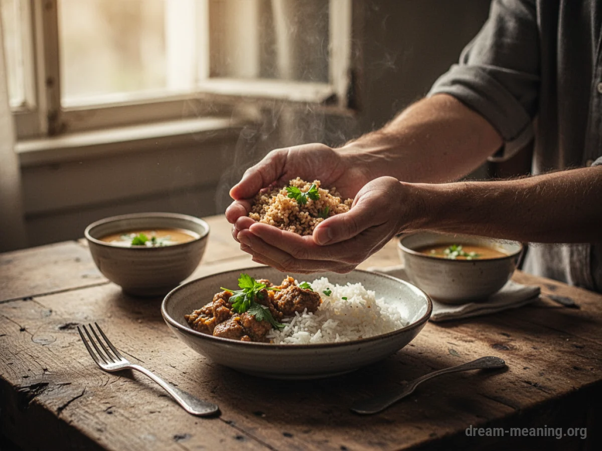 Two hands held over a plate of food.
