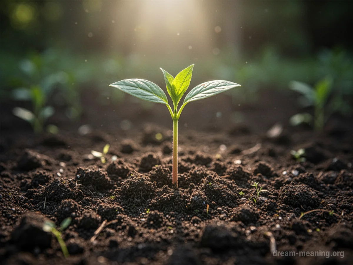 A small green seedling emerging from dark soil under a soft light.