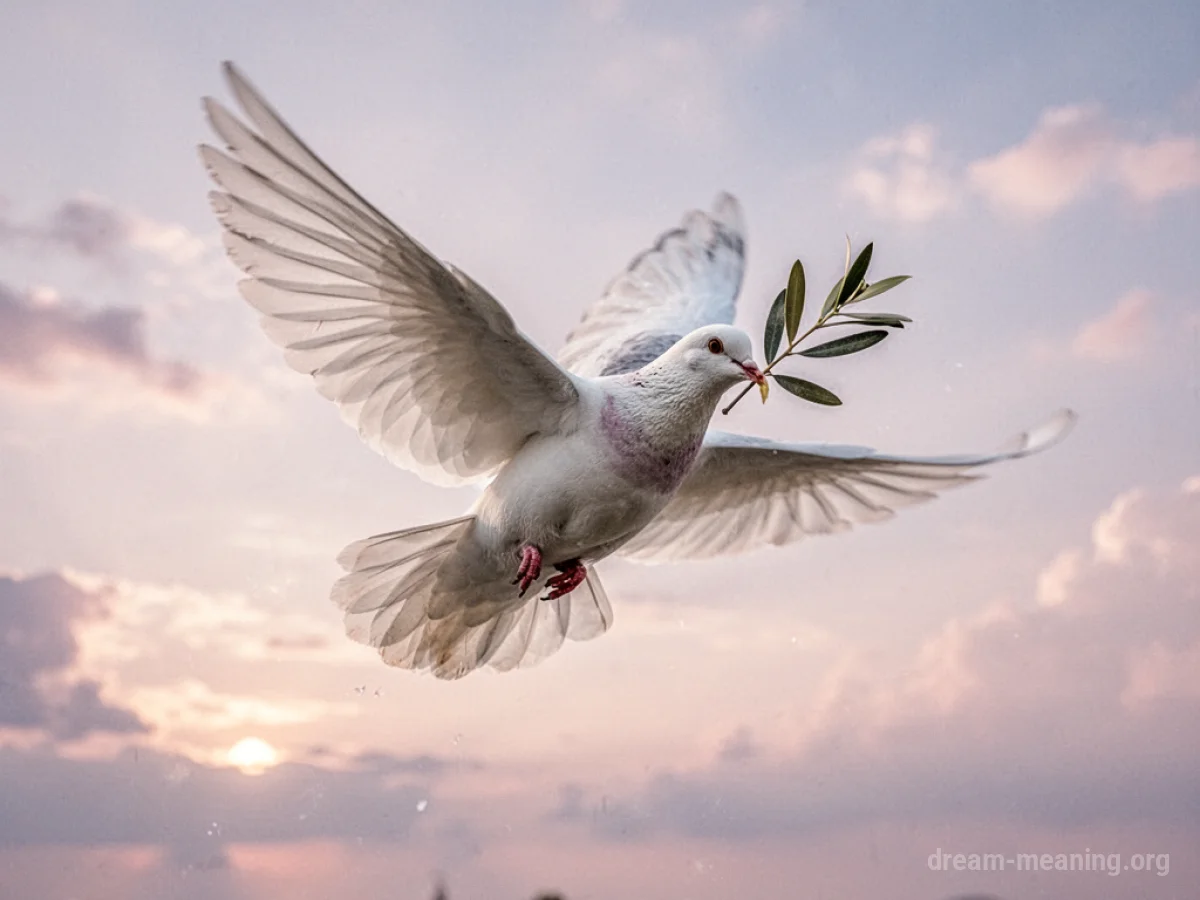 A white dove carrying an olive branch across a light blue sky.